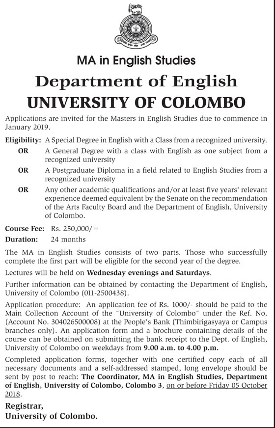 MA in English Studies - Department of English - University of Colombo